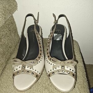 B Makowsky Sami Women's Deep Ivory/Brown Leather Peep Toe Sling Back Wedge